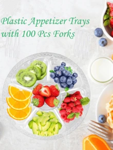 1/5/10 件圆形塑料蔬菜托盘带盖水果托盘 6 分隔隔间容器，含 100 件叉子，食物盛放蘸酱拼盘可重复使用餐饮托盘，适用于蔬菜水果小吃派对和自助餐托盘