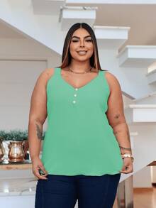 Duna Women's Plus Size Tank Top With Pearl Buttons GG G1 To G3 - 綠水 - 查看 6