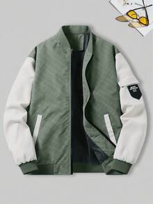 Young Men's Jacket, Fashion Minimalist Stand Collar Coat, Baseball Collar, Ribbed Cuffs, Color Block, Autumn/Winter - Green - View 3