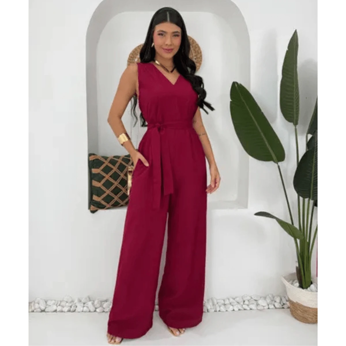 Women's Jumpsuit Roman Pantaloons Tie-Up Elegant Chic Simple Pocket Knot With Belt - 玫瑰紅 - 查看 1