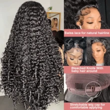CEXXY 360 Lace Frontal Wig Human Hair 180 Density Deep Wave No Glue With Pre Plucked Baby Hair Natural Color Ponytail Bun Wig 360 Lace Frontal Wig Human Hair - Natural Black - 查看 8