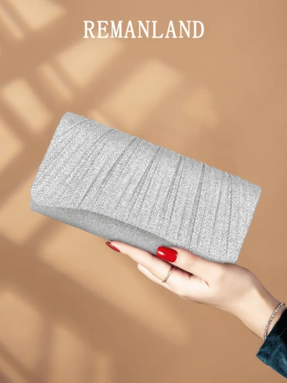 REMANLAND 1 件闪亮优雅褶皱女士新款手提包，时尚华丽的女士晚装钱包，信封小方包，带隐藏卡袋隔层，单肩包带可拆卸金属链，适合派对女孩、新娘，是节日的最佳礼物。