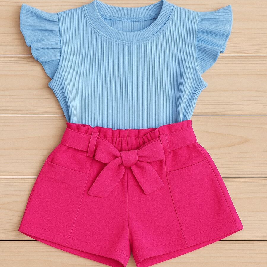 Children's Set Cropped Frufru Blouse + Linen Clochard Shorts Kit With 2 Super Stylish Pieces CJI033 - Pink and Baby Blue - View 1