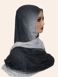1pc Women's Elastic Hijab Soft Ombre Color Printed Striped Fabric Rectangular Scarf, Middle Eastern Style Rhinestone Decor, Fashionable Versatile Shawl For Daily Wear