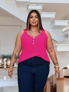 Duna Women's Plus Size Tank Top With Pearl Buttons GG G1 To G3 - Pink Rose - View 4