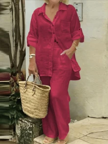 Áo khoác cardigan cổ polo nhẹ, kiểu dáng thanh lịch, màu trơn, phù hợp cho đi biển, mặc hàng ngày, đi làm, đi mua sắm, chất liệu mềm mại, quần ống rộng cạp chun, bộ 2 món, thích hợp cho mùa xuân/hè/thu. - Đỏ - Xem 4