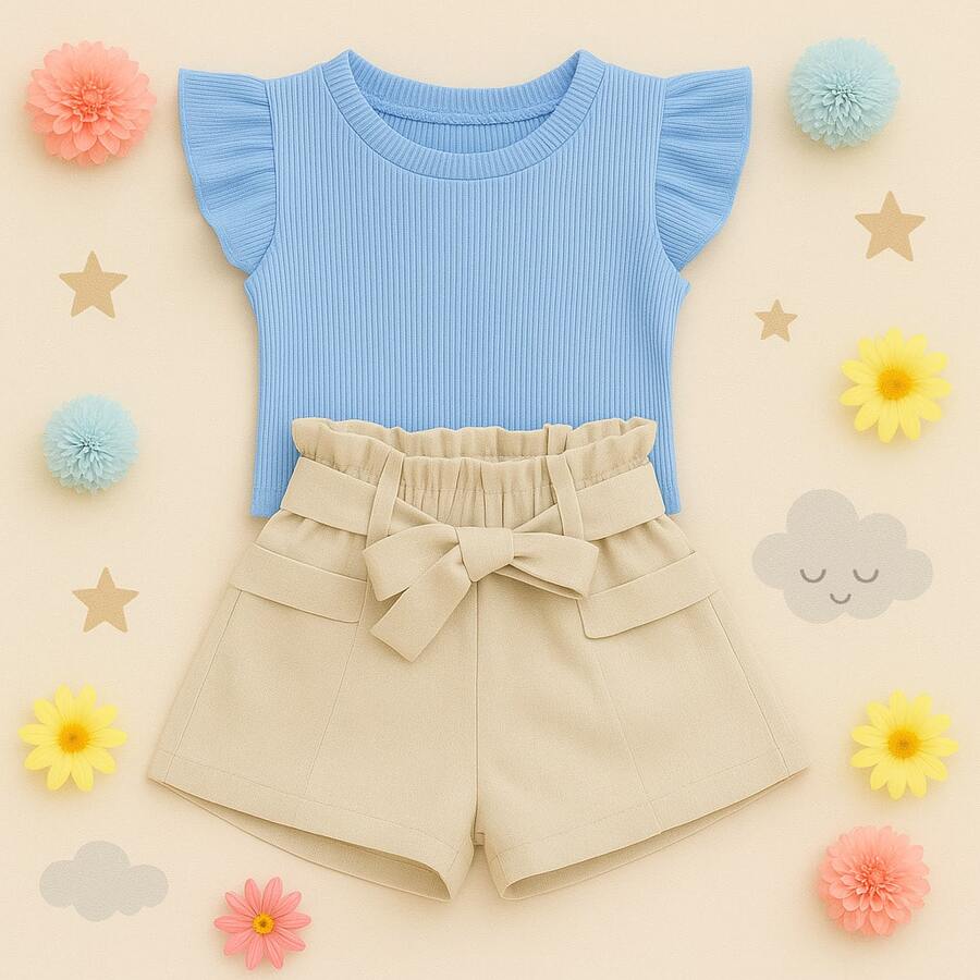 Children's Set Cropped Frufru Blouse + Linen Clochard Shorts Kit With 2 Super Stylish Pieces CJI033 - 裸色和淡藍色 - 查看 1
