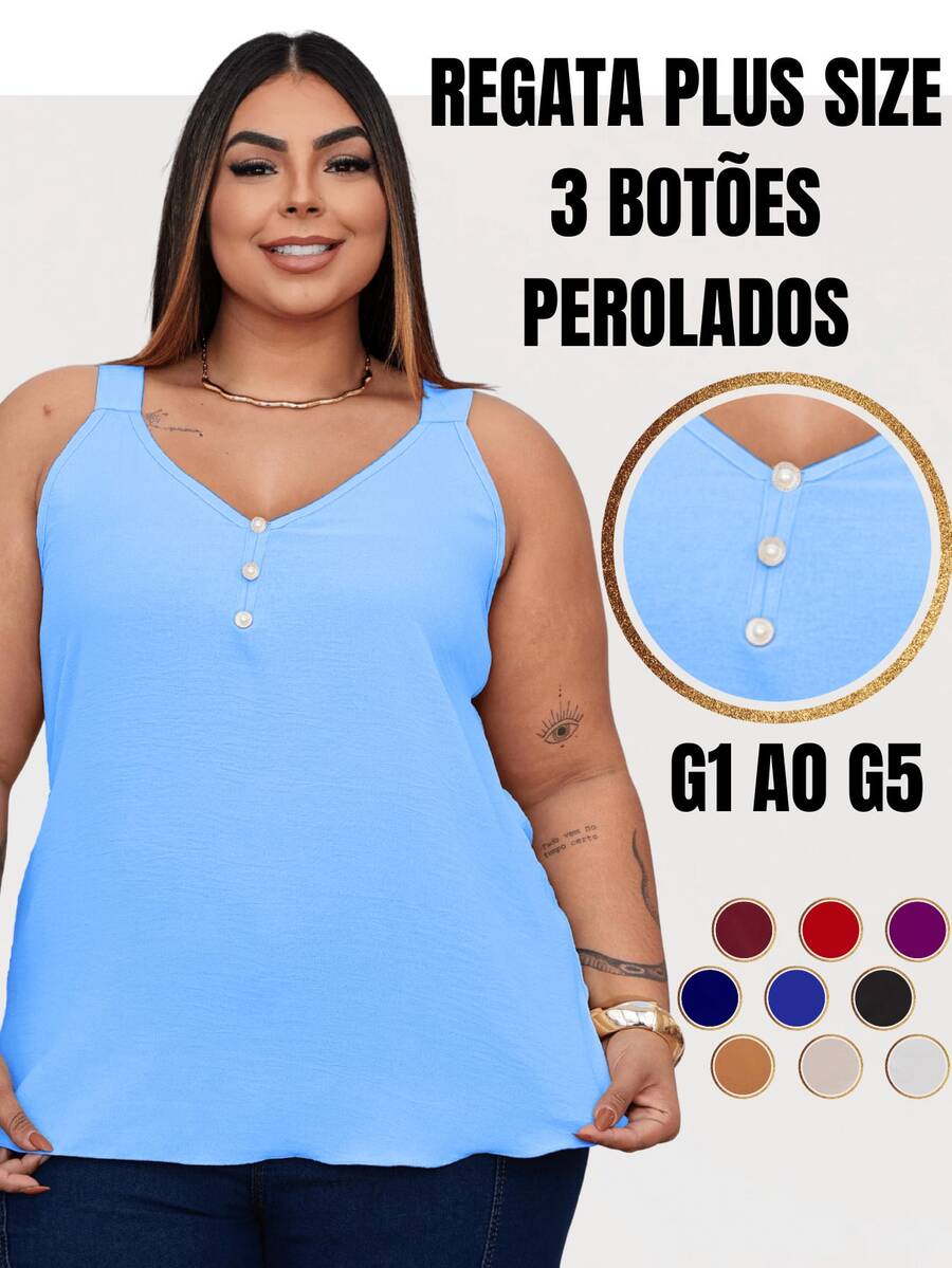Duna Women's Plus Size Tank Top With Pearl Buttons GG G1 To G3 - 淺藍色 - 查看 1