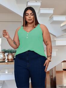 Duna Women's Plus Size Tank Top With Pearl Buttons GG G1 To G3 - 綠水 - 查看 7