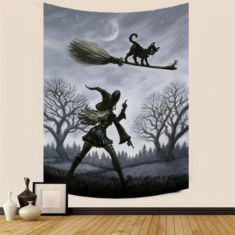 1pc Cute Witch Tapestry Set Halloween Art Polyester Tapestries Wall Hanging With 79x58 Inches Washable Large Tapestries Flags For Room,Home,Party Decor As Gifts For Men Women Friends Birthdays Christmas Halloween Included Free Installation Package