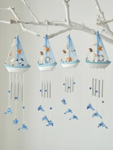 1 قطعة جرس رياح بتصميم قارب شراعي بموضوع المحيط مزين بنجوم البحر والصدف والدلافين لديكور المنزل