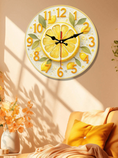 Pc 10 Inch/12 Inch Round Wand Clock, Refreshing Lemon Slice Bright s, Silent Does Not Tick, Home ation, Giving, AA Batteries (Batteries Included) Room view 2