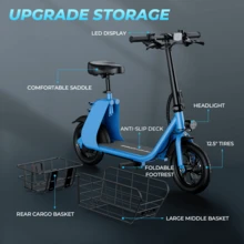 WIND HORSE 12.5'' Electric Scooter With Seat & Pet Basket, Electric Scooter Adults 15.5MPH & 20 Miles Range, 450W Motor, Dual Disc Brakes & Bright Headlight, 36V 8.0Ah Battery Foldable E-Scooter With Dual Baskets For Pets & Cargo, 265LBS Load