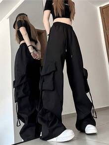 Pantalones de chándal negros de cintura alta para mujer, pantalones de chándal holgados de cintura alta con cordón y bolsillos grandes, adecuados para ropa informal, adecuados para primavera, verano y otoño - Negro - Ver 3