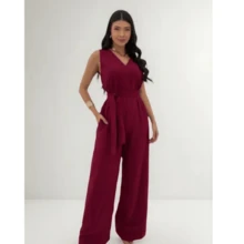 Women's Jumpsuit Roman Pantaloons Tie-Up Elegant Chic Simple Pocket Knot With Belt - 酒紅色 - 查看 2