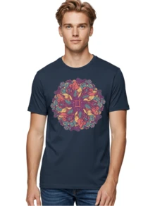 Gemini-Zodiac-Mandala Men's Graphic Tee, 100% Cotton, Comfortable Casual Summer Wear, Machine Washable, Travel Clothes, Gemini Zodiac Symbol, Mandala Art, Floral Patterns, Paisley Designs, Purple, Pink, Blue, Yellow Hues, Intricate Details, Bohemian Style, Mystical Vibes, Astrology, Zodiac SignsClothing Salesgraphic T-Shirt, Custom T-Shirt, Funny T-Shirt, Men's T-Shirt, Top, Crew Neck - BAE184 - Navy Blue - View 2