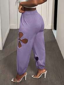 Women's Sexy Drawstring Waist O-Ring Detail Casual Ripped Pants Everyday Wear,Women's Casual Sports Pants,High-Stretch Plum Blossom Ripped Hollowed Out Sweatpants Women Fashion Casual Pants- Soft, Solid Color, Machine Washable, Perfect For All Seasons - Màu tím - Xem 2