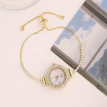 2025 Nouvelle montre-bracelet femme à la mode de couleur or avec strass, petit cadran rond mignon, montre-bracelet de luxe avec bracelet en strass or, montre à quartz en alliage, cadeau/cadeau de la Saint-Valentin/cadeau du festival Qixi/port quotidien - Montre à quartz avec fond doré - Voir 7