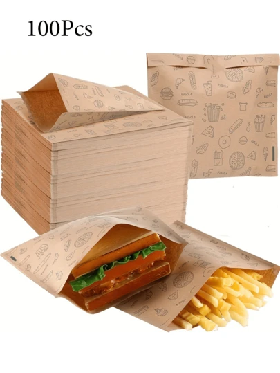 50/100个牛皮纸三明治袋，防油一次性食品袋，适用于汉堡、甜点、炸鸡等 | 防漏零食包装，适用于派对、餐饮、餐车 | 婚礼、生日 | 返校季