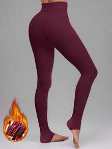 1 Pair Ladies Thick Thermal Lined Tights, Stirrup Leggings For Fall & Winter High Waist Thick Wool Pant Winter Clothes Women - Red - View 4