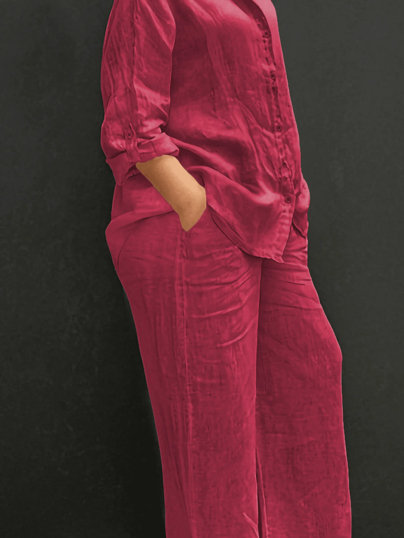 Áo khoác cardigan cổ polo nhẹ, kiểu dáng thanh lịch, màu trơn, phù hợp cho đi biển, mặc hàng ngày, đi làm, đi mua sắm, chất liệu mềm mại, quần ống rộng cạp chun, bộ 2 món, thích hợp cho mùa xuân/hè/thu. - Đỏ - Xem 1