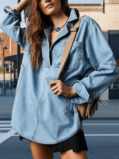 Women's Button V Neck Denim Pullover Casual Blouse Loose Fit Long Sleeve Jean Jacket With Pocket