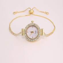 2025 Nouvelle montre-bracelet femme à la mode de couleur or avec strass, petit cadran rond mignon, montre-bracelet de luxe avec bracelet en strass or, montre à quartz en alliage, cadeau/cadeau de la Saint-Valentin/cadeau du festival Qixi/port quotidien - Montre à quartz avec fond doré - Voir 2