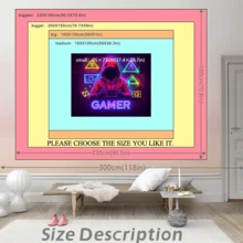 Neonowa, cyberpunkowa, reaktywna, UV, gobelinowa figurka z kapturem i kontrolerem do gier. Żywe geometryczne kształty. Sztuka ścienna w ultrafiolecie, niebieskim i żółtym. Retro, dekoracja do salonu gier. Bezpłatny pakiet instalacyjny. Łatwe do powieszenia.