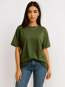 Women's Blouse Oversized T-Shirt Streetwear Collar 100% Cotton Basic Casual - xanh quân đội - Xem 2