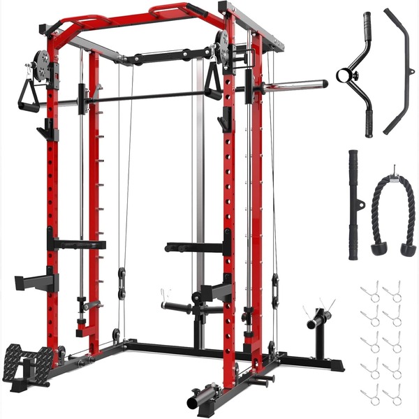 Máquina Smith, Estante de sentadillas Smith con sistema de poleas, Barra de dominadas, Polea para dominadas LAT, Jaula de potencia multifuncional de 2200 LBS para gimnasio en casa con talla grande equipos de entrenamiento