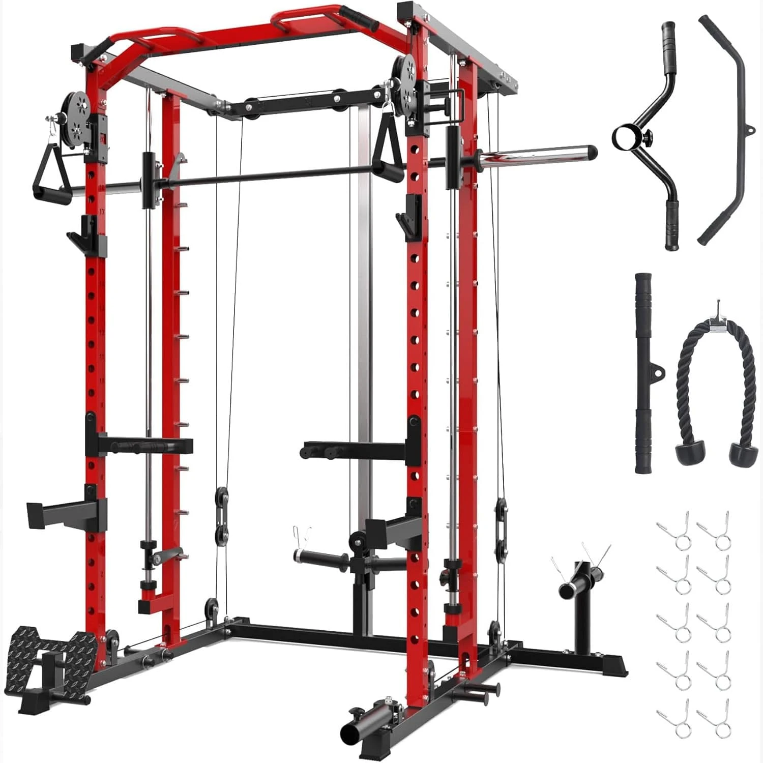 Smith Machine,Smith Machine Squat Rack With Pulley System, Dip Bar, LAT Pulldown,2200LBS Multi-Functional Power Cage For Home Gym With More Workout Equipment - Black&Red - 查看 1