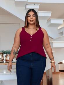 Duna Women's Plus Size Tank Top With Pearl Buttons GG G1 To G3 - 酒紅色 - 查看 4