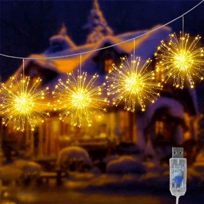 2/4 件悬挂式 LED 烟花灯，180/360LED，8 种照明模式，适用于人行道、后院和节日派对氛围中的户外花园装饰灯串，户外防水悬挂灯