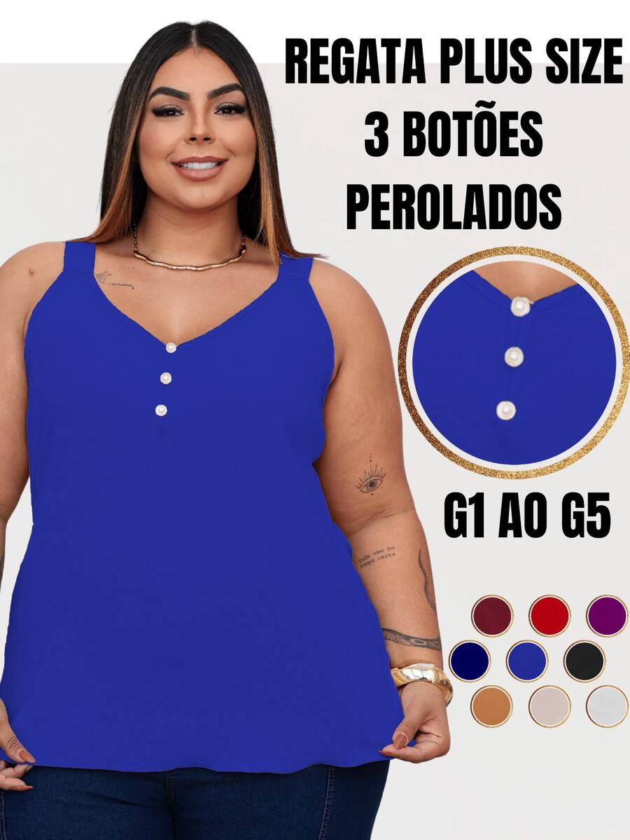 Duna Women's Plus Size Tank Top With Pearl Buttons GG G1 To G3 - Royal Blue - View 1