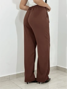 DUNA Women's Wide Leg Pants With Elastic Waist And Pocket - Rỉ Nâu - Xem 4