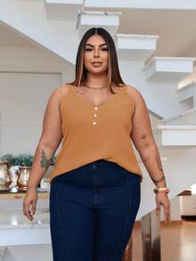 Duna Women's Plus Size Tank Top With Pearl Buttons GG G1 To G3 - 米色 - 查看 4