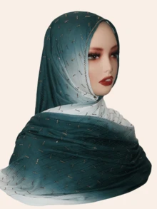 1pc Women's Elastic Hijab Soft Ombre Color Printed Striped Fabric Rectangular Scarf, Middle Eastern Style Rhinestone Decor, Fashionable Versatile Shawl For Daily Wear