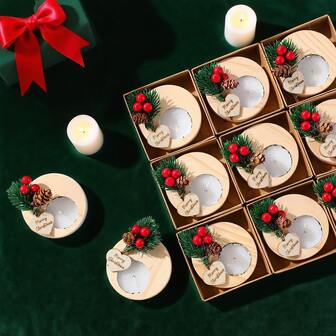 1/6/12 件圣诞蜡烛礼品套装，带心形标签装饰，圣诞木质茶蜡烛台和茶蜡烛套装，木制圆柱烛台，淋浴礼物答谢客人礼物浅棕色，用于餐桌中心装饰圣诞节茶蜡烛散装烛台装饰礼物