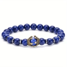 Men'S Royal Crown Bracelet - Luxury Tiger Eye Bead & Alloy Cuff, Adjustable Masculine Jewelry Gift For Him, Summer Fashion Accessory With Intricate Blue & Golden Design, Elegant Accessory, Highquality Craftsmanship, Stylish Hand Chain, Stylish Men, Premium Craftsmanship, Fashionconscious Men - 藍色 - 查看 7