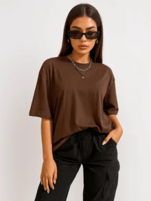 Women's Blouse Oversized T-Shirt Streetwear Collar 100% Cotton Basic Casual - 鏽棕色 - 查看 1
