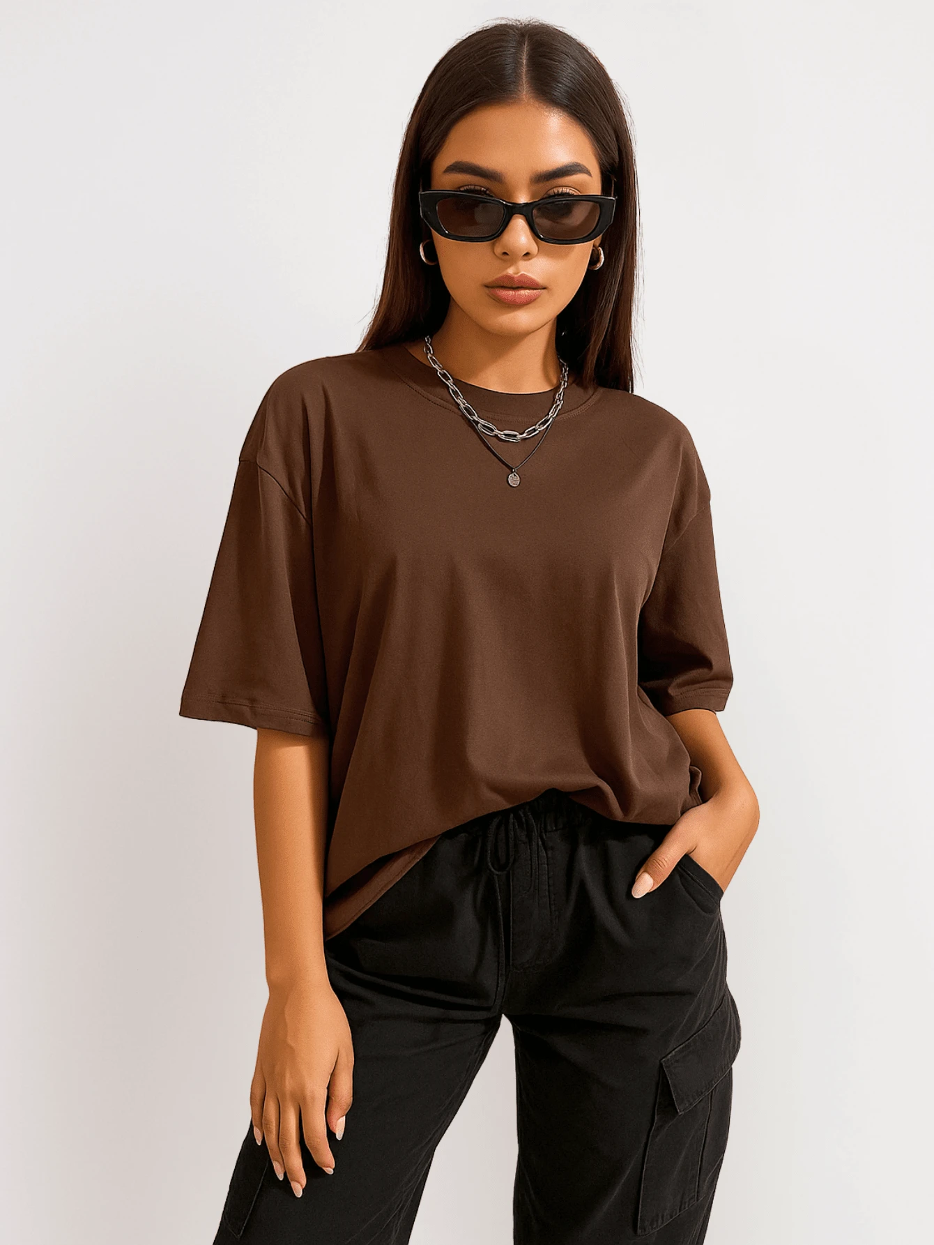 Women's Blouse Oversized T-Shirt Streetwear Collar 100% Cotton Basic Casual - 鏽棕色 - 查看 1