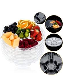 1/5/10 件圆形塑料蔬菜托盘带盖水果托盘 6 分隔隔间容器，含 100 件叉子，食物盛放蘸酱拼盘可重复使用餐饮托盘，适用于蔬菜水果小吃派对和自助餐托盘