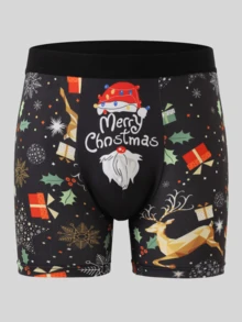 2pcs Men's Christmas Cartoon Socks Gift Print Boxer Briefs, Funny Cute Men's Boxer Shorts, Casual Home Men's Shorts, Sexy Men's Boxer Briefs