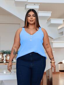 Duna Women's Plus Size Tank Top With Pearl Buttons GG G1 To G3 - 淺藍色 - 查看 4