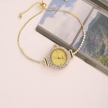 2025 Nouvelle montre-bracelet femme à la mode de couleur or avec strass, petit cadran rond mignon, montre-bracelet de luxe avec bracelet en strass or, montre à quartz en alliage, cadeau/cadeau de la Saint-Valentin/cadeau du festival Qixi/port quotidien - Montre à quartz avec fond doré - Voir 11