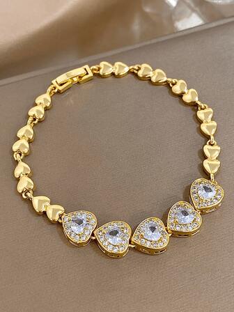 1 件可爱奢华 18K 镀金不锈钢心形链式手链，适合女士，钻石切割浪漫情人节礼物，生日周年派对珠宝，适合万圣节圣诞节感恩节日常派对妈妈礼物，返校礼物生日礼物