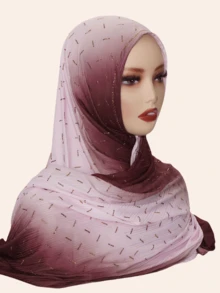 1pc Women's Elastic Hijab Soft Ombre Color Printed Striped Fabric Rectangular Scarf, Middle Eastern Style Rhinestone Decor, Fashionable Versatile Shawl For Daily Wear