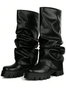 Women's Black Boots Metal Platform Shark Boots Foldable Thick Knee High Shoes Motorcycle Nightclub Cosplay Spring Boots For Women - 黑色 - 查看 2