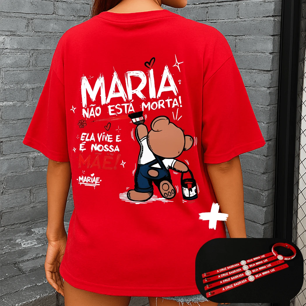 Women's Streetwear T-Shirt Kit Mary Is Not Dead And Catholic Saint Benedict Medal Bracelet Cotton Fabric Shirt NEW - 紅色 - 查看 1