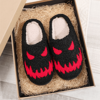 2025 Men's New Halloween Warm Couple Soft Bottom Flat Daily Wear Scream Mask Slippers, Basic Plush Indoor Slippers